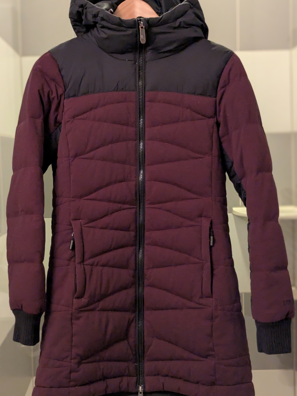 Lole Women's Quilted Hooded Ski Coat in Plum and Black